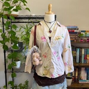 Vintage Lemon Grass Floral Striped Button Up‎ Tailored Blouse Large Cottage
